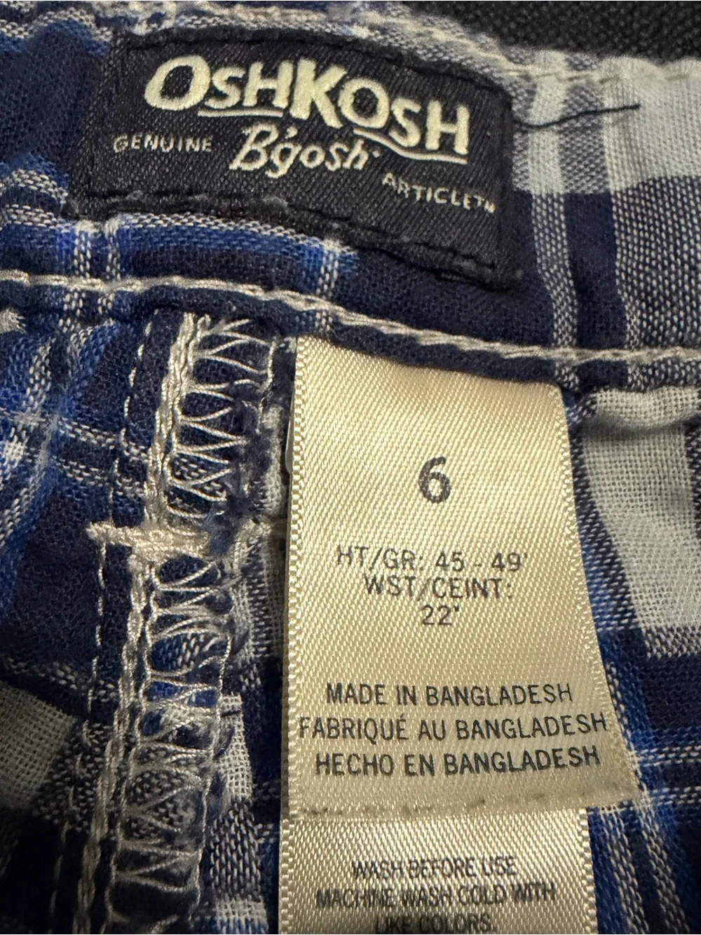 OshKosh Blue & White Plaid Pull-On Long Patchwork Shorts Sz 6 Boys